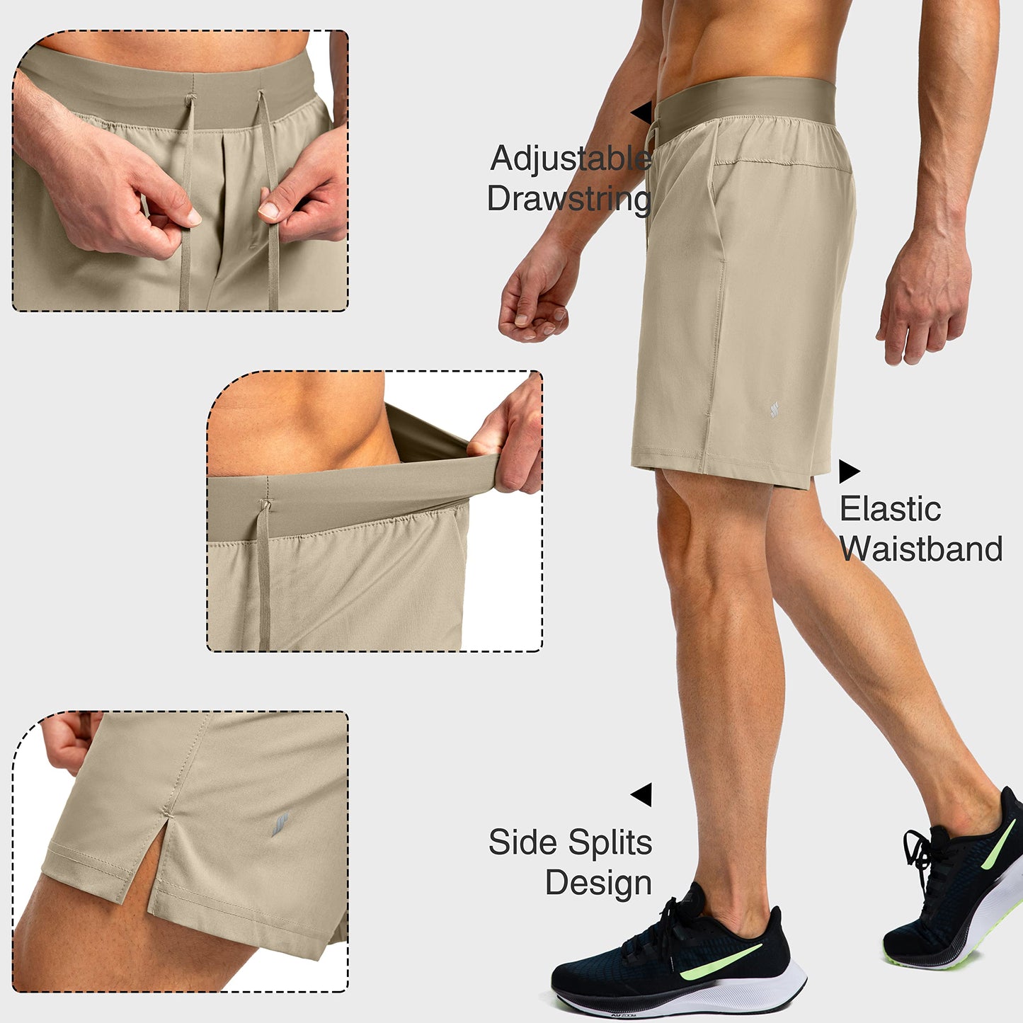 Soothfeel Men's Running Shorts with Zipper Pockets 7 Inch Lightweight Quick Dry Gym Athletic Workout Shorts for Men (Khaki, 3XL)