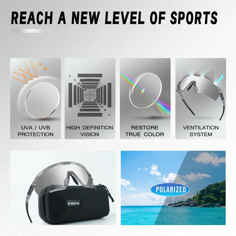 VOZAPOW Polarized Cycling Glasses for Men Women, PC Lens UV Protection Sports Sunglasses for Running Baseball Softball