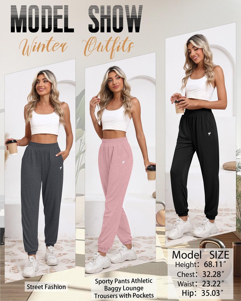 Ficerd 3 Pack Women's Sweatpants Loose Fit Joggers Elastic Tapered Leg Pants Athletic Baggy Lounge Trousers with Pockets(L,Black, Dark Gray, Pink)