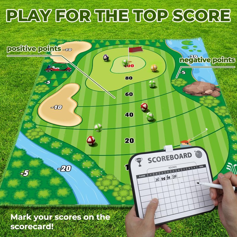 FINCOME Golf Chipping Game Mat Set, Golf Hitting Training Mat Practice Outdoor Indoor for Adults Family, Kids Outdoor Play Equipment, Stick Chip Games for Backyard Office Home (70.1x47.2in)