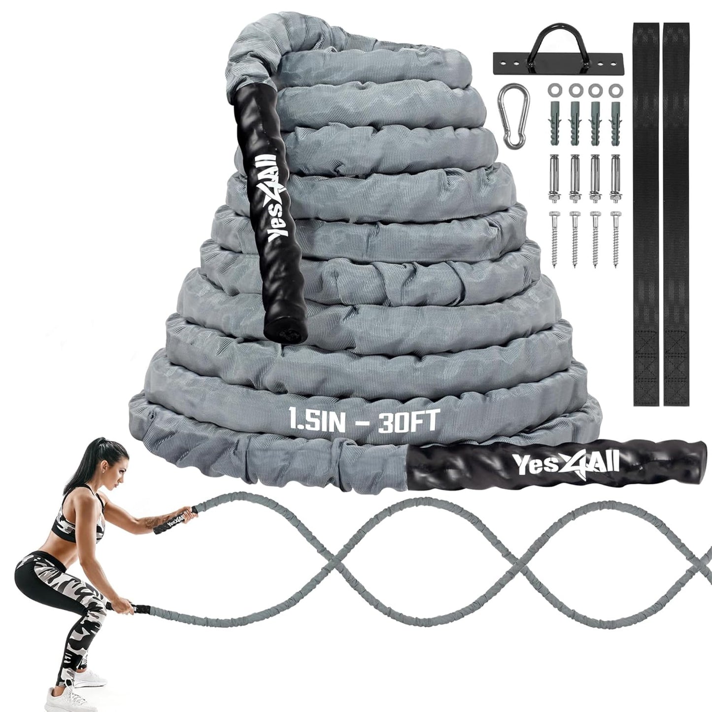 Yes4All Battle Rope with Protective Cover – Steel Anchor & Strap Included - Poly Dacron 1.5in - 40ft