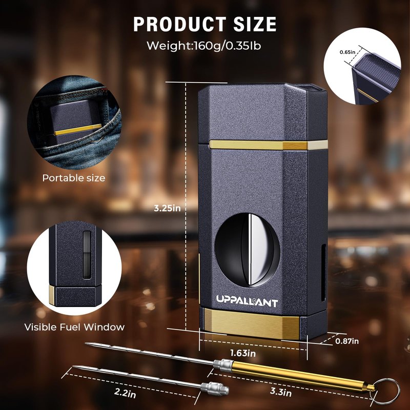 Triple Flame Torch Lighter with Built-in V Cutter, Holder and Draw Enhancer Tool, Butane Refillable Torch Lighter, Multifunctional Accessories Gift, Windproof Lighters for Candles and Outdoors