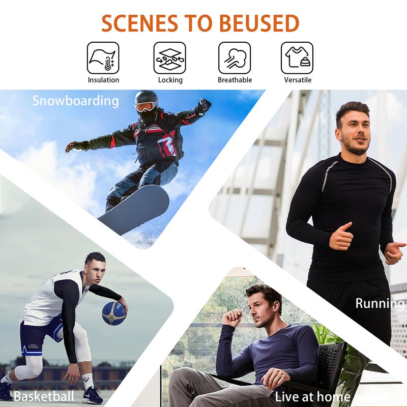 Tecrap 5 Pack Men's Thermal Compression Shirt Fleece Lining Athletic Quick Dry Base Layer Long Sleeve Fitness Top for Cold Weather Skiing 3B2G-L