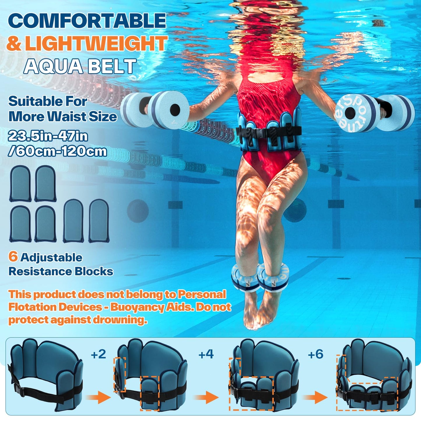 Sportneer Aqua Belt Water Aerobics Equipment: Swimming Belt Pool Exercise Equipment for Adults Aqua Float Belts with Adjustable Foam Blocks for Aquatic Fitness Training Low-Impact Workout Dark Blue