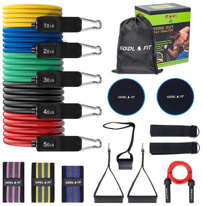 Kool&FIT 17 Pieces Resistance Bands Set Stackable up to150 lb|Hip Bands|Sliders|Jump Rope|Booty Bands|Exercise Bands|Physical Therapy Bands| Pull Up Bands|Weight Lifting Yoga Pilates|Rehab Bands|