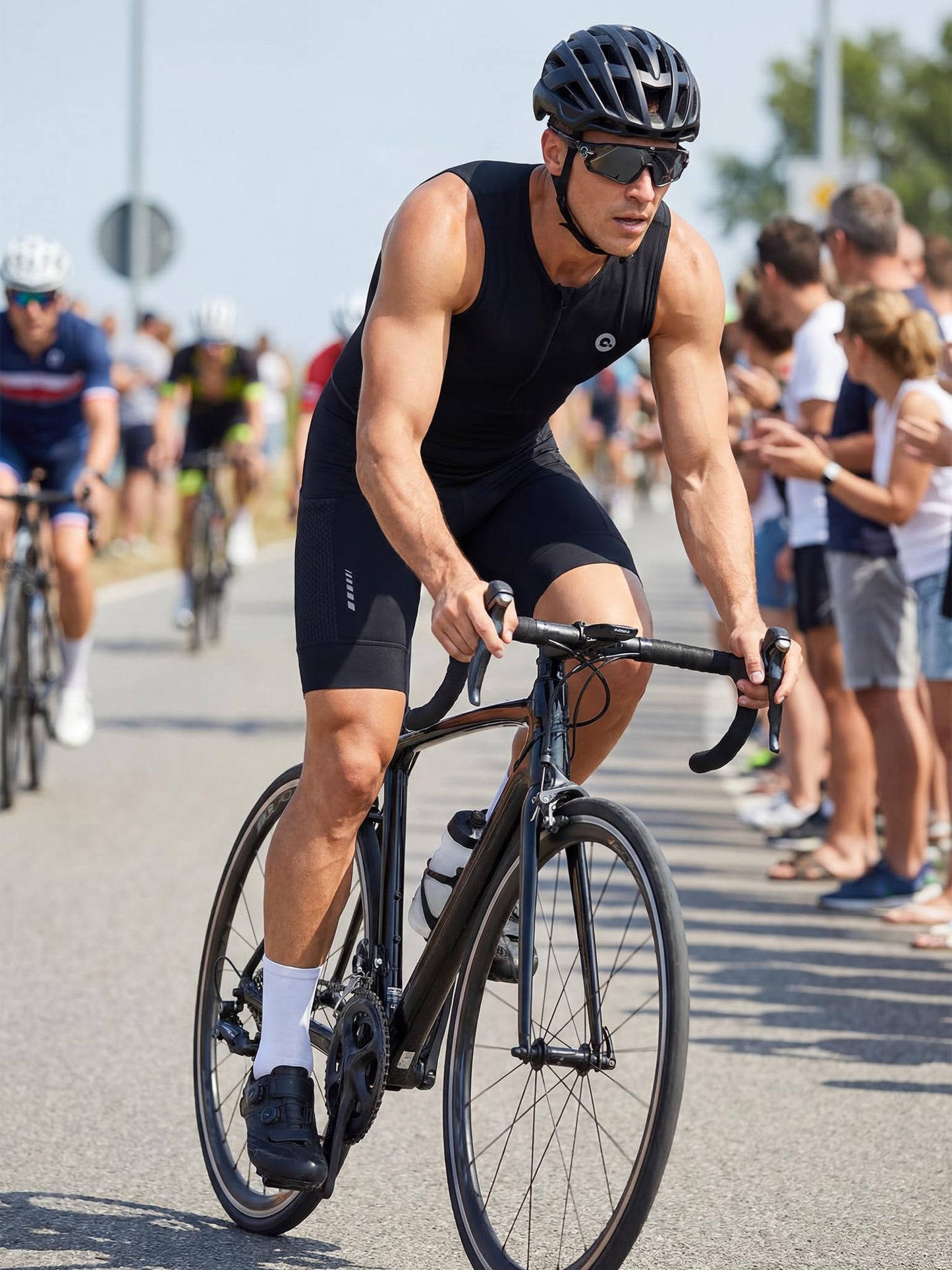 Men's Triathlon Suit Sleeveless One-Piece Trisuit for Swim Bike Run, Aero Fit, Race & Training Suit, 2 Mesh Pockets Black