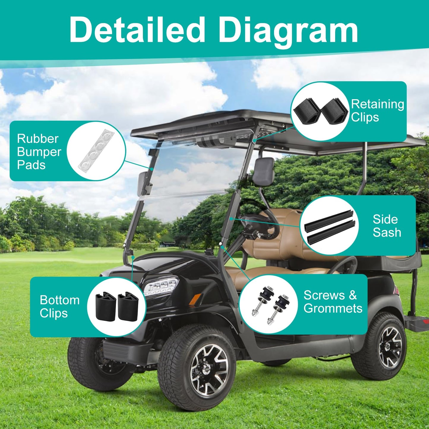 Golf Cart Windshield Clip Set for Club Car Precedent Fit for 1"x1" Tube OEM#101444101,102005801 Include 12.6" Windshield Sash Clips, Windshield Retaining Clips, Windshield Bottom