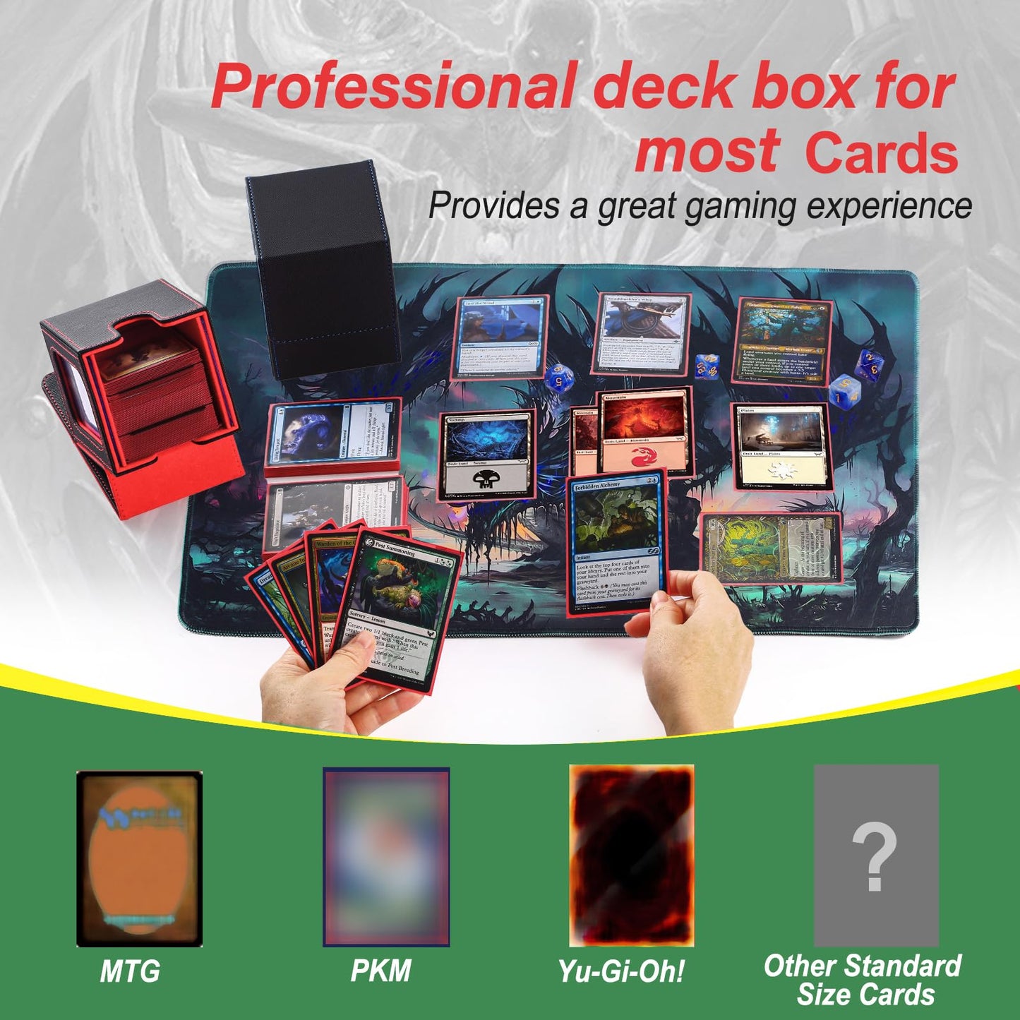 Commander Deck Box for MTG with double display windows,Card Storage Box Fits 120+ Single sleveed Cards,Magnetic Card Box with 2 Dividers&2 Toploaders for TCG Black/Green