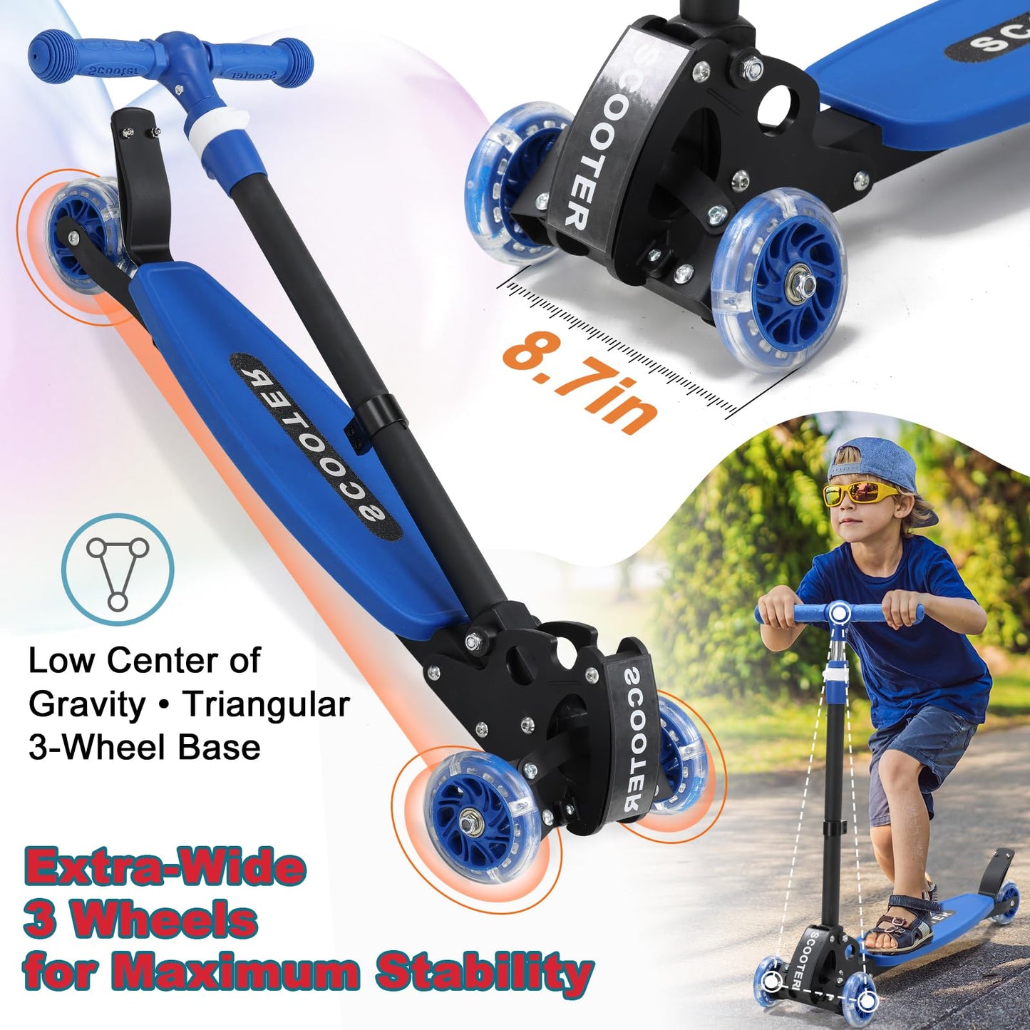 Kids Scooter for Ages 3-7, Foldable 3 Wheel Kick Scooter with Light Up Wheels, Easy Lean-to-Steer, Adjustable Handlebar, Stable Dual Rear Wheels, Wide Non-Slip Deck &Rear Brake for Boys Girls