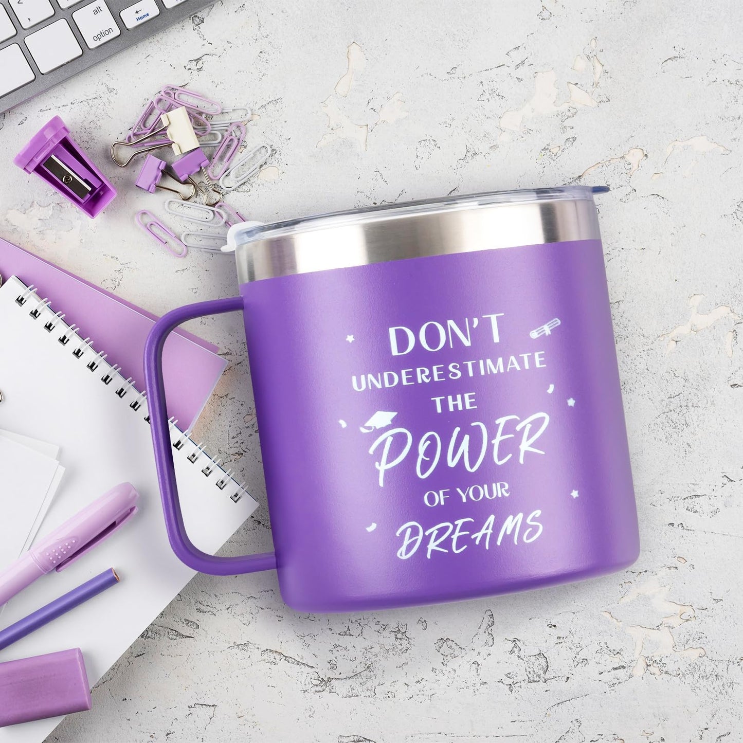 CUPLOOV 2024 Graduation Gifts for Her Him – Purple Graduation Coffee Mug/Tumbler Cup with Lid Straw Keychain and Greeting Cards for Senior College Graduates Classmates Friends