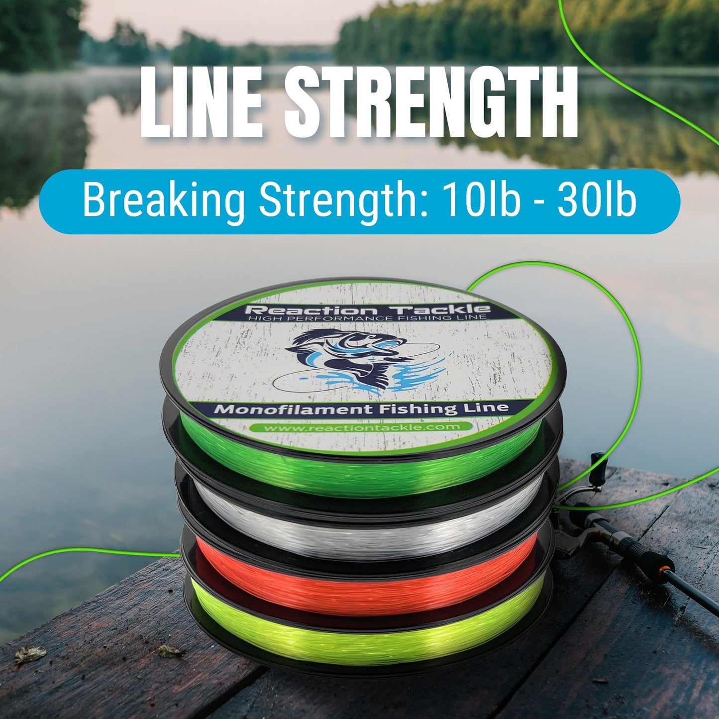 Reaction Tackle Monofilament Fishing Line - Premium Nylon Mono Line, Strong & Abrasion-Resistant, Low Memory for Smooth Long Casts - Freshwater & Saltwater - Clear | 30lb (350 Yards)