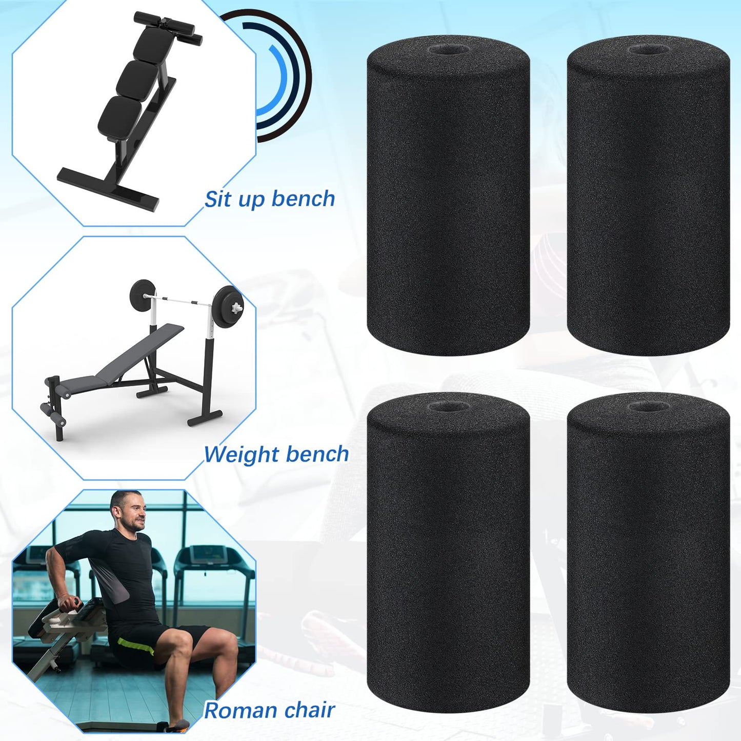 Deekin 4 Pcs Foam Foot Pads Roller Buffer Tube Cover for Home Gym Exercise Machine Equipment Replacement Pads for Leg Extension Weight Bench Inversion Table (0.87 x 3.4 x 6.3 Inches)