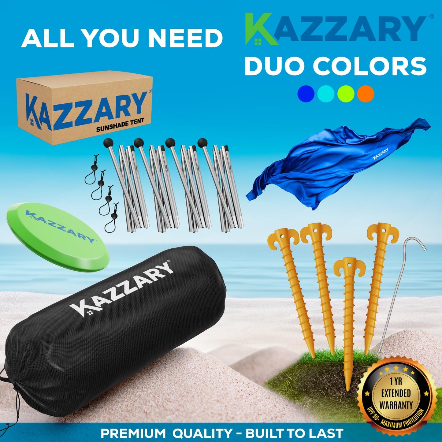 KAZZARY Beach Tent, UPF50+ 10x10 ft Sun Shade Canopy with Sandbags, 4 Stability Poles, Ground Pegs, Flying Disc Sand Shovel. Lightweight Sunshade Shelter, 7ft Tall for Camping Outdoor Trips and Sports