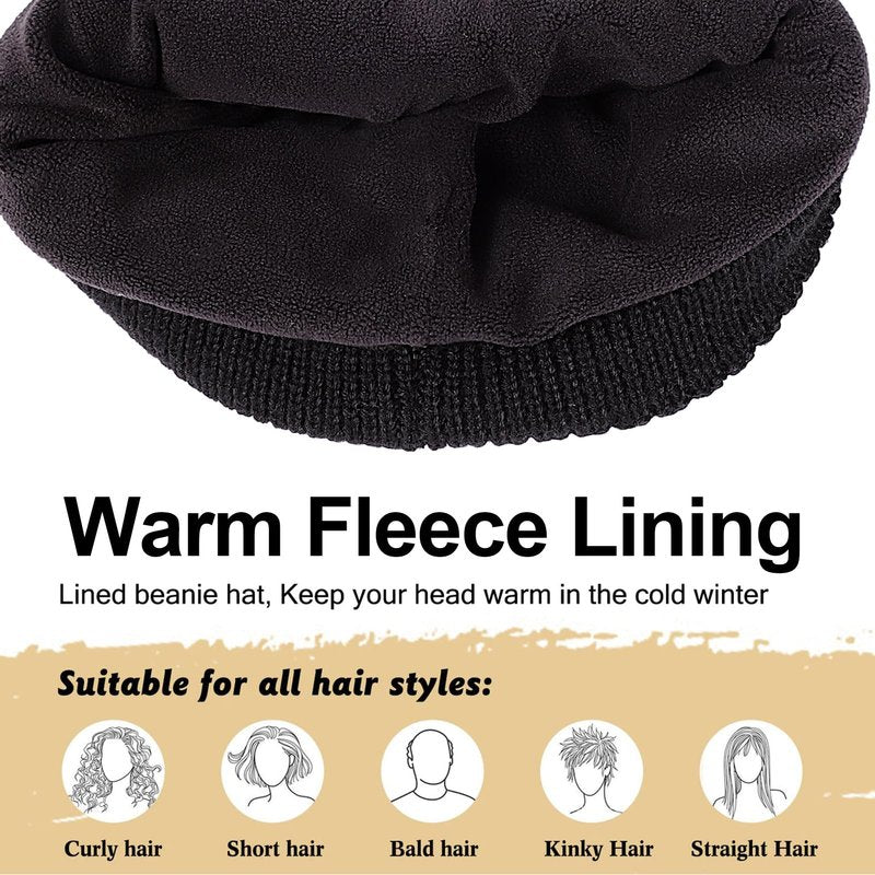 ZTL Oversize M/L/XL/XXL Beanie Hats for Men 30% Merino Wool Knit Hat, Winter Hats for Women Thick Warm Lined Cold Weather Skull Cap(Black,XXL)