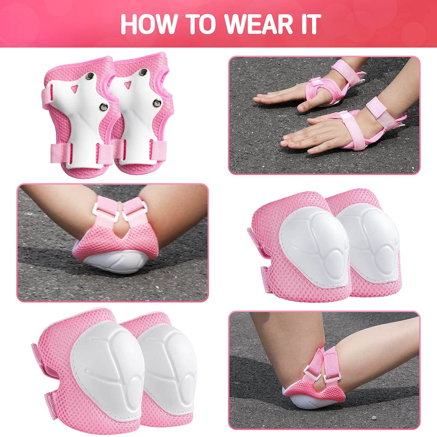 Kids Protective Gear Set Wemfg Knee Pads for Kids 7-13 Years Toddler Knee and Elbow Pads with Wrist Guards 3 in 1 for Skating Cycling Bike Rollerblading Scooter(Pink)