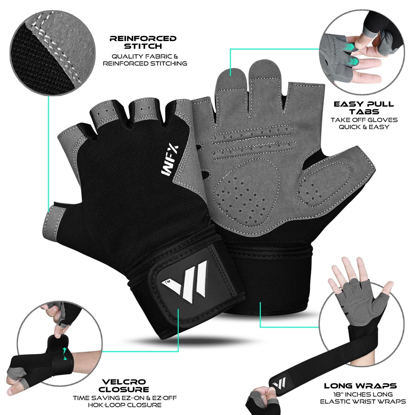 WESTWOOD FOX Gym Gloves Fitness Training Anti Slip Shock-Absorbing Weight Lifting Gloves Padded Grip Breathable Fingerless Workout Support for Men Women Cycling Exercise (Long Wristband, M)