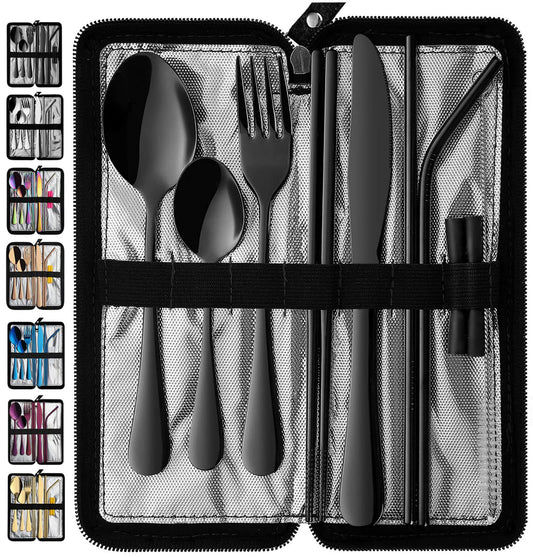 VANDBAO Portable Travel Utensils, Reusable Silverware with Case for Fixing Tableware, 9 Pieces Stainless Steel Stable Flatware Set, Camping Picnic Cutlery Set (Black Set)