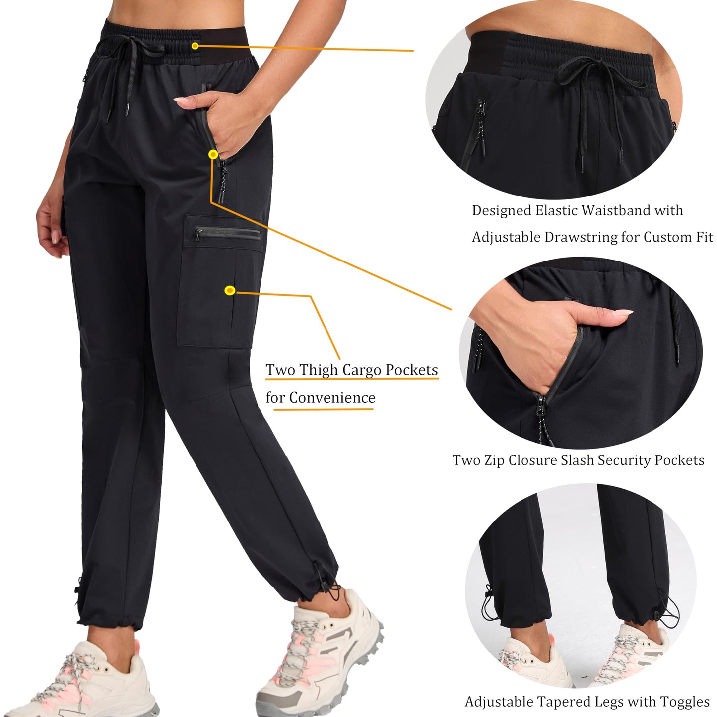 Oalka Women's Hiking Pants Water Resistant Quick Dry Cargo Black L