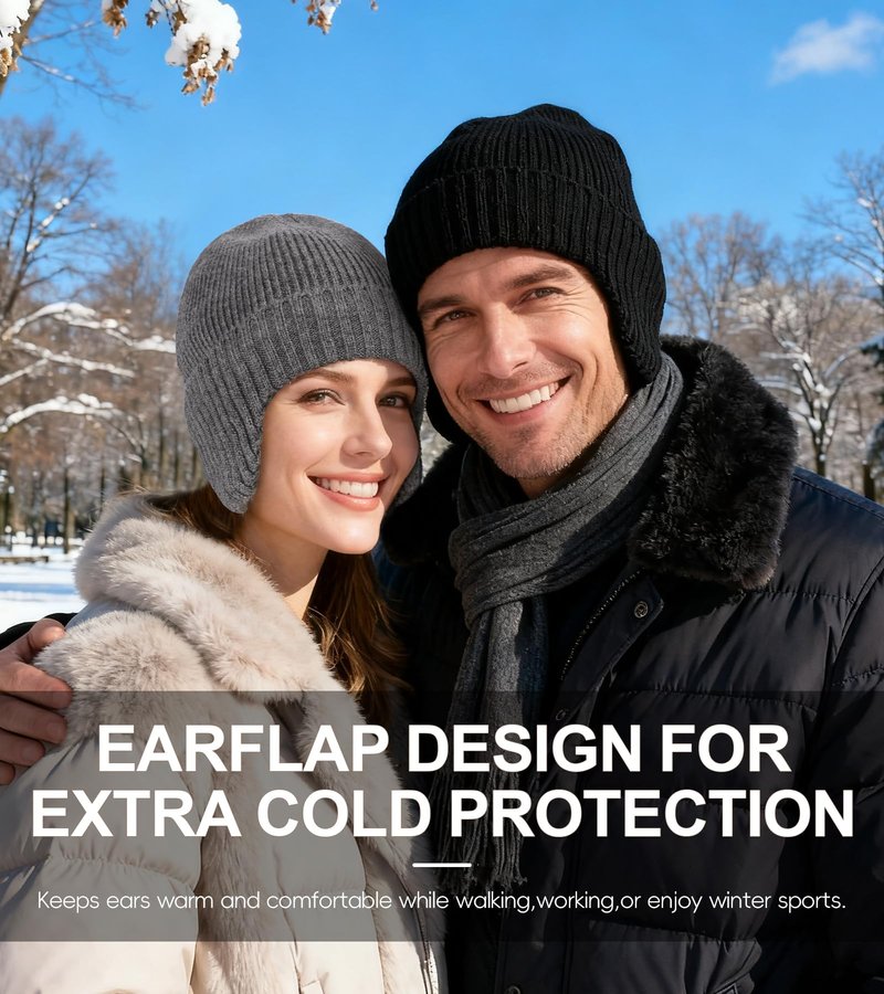 ZTL Unisex Merino Wool Beanie Hat with Ear Flaps Waterproof Windproof Warm Fleece Lined Winter Hat, Thermal Knitted Ski Cap for Women Men Black