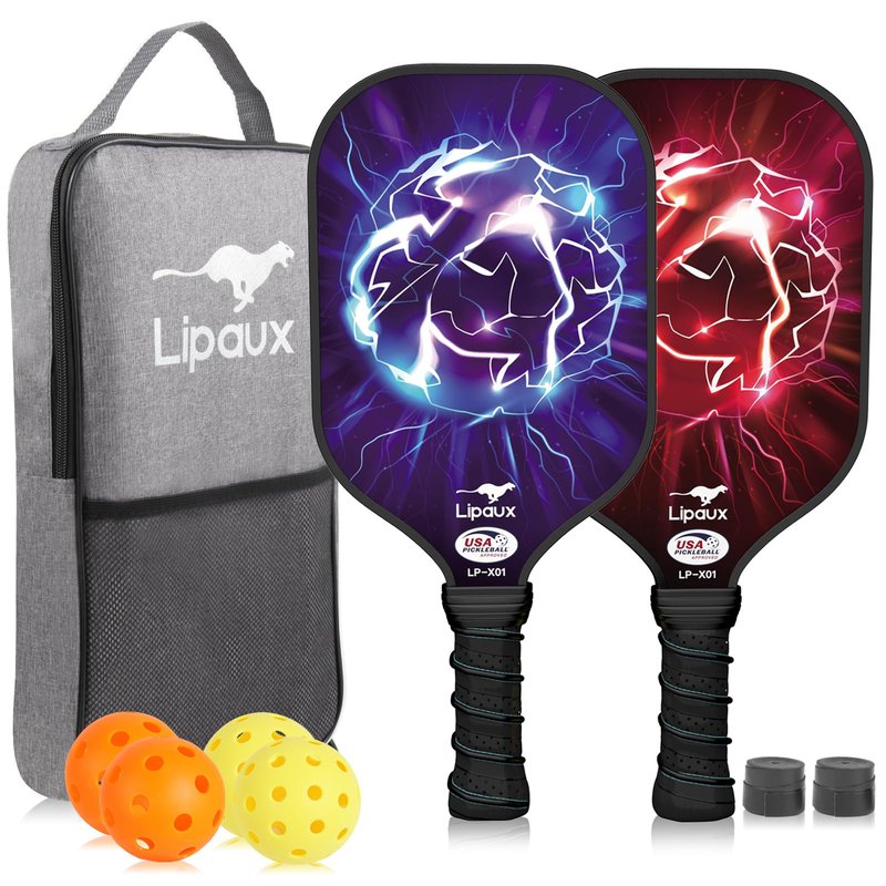 Lipaux Pickleball Paddles Set of 2, USAPA Approved Pickleball Rackets Material with Carbon Fiber, Lightweight Pickleball Paddle Set with 2 Paddles, 4 Balls, 2 Grip Tapes and Carry Bag