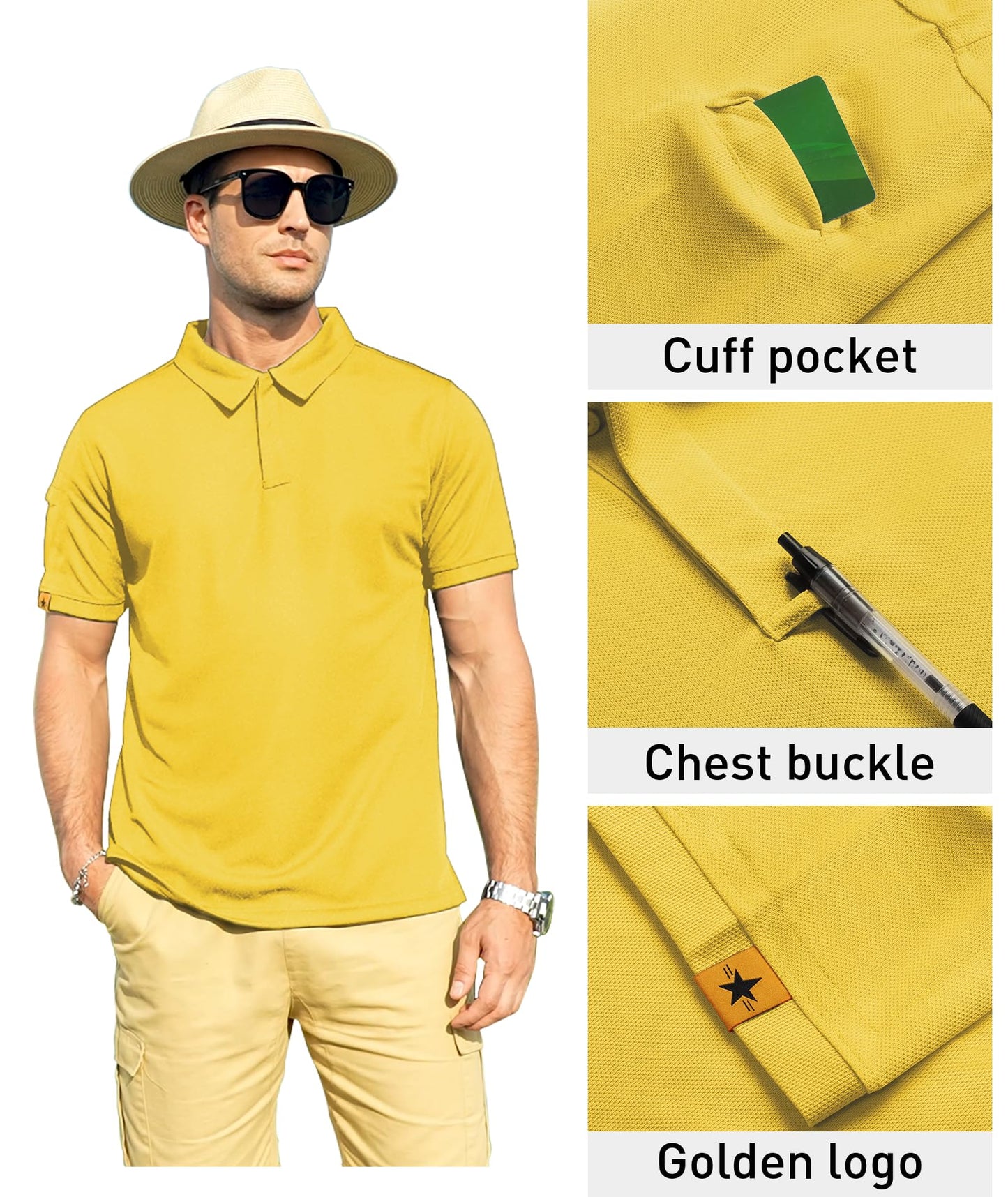 ZITY Mens Polo Shirt Short Sleeve Sports Tactical T-Shirt Athletic Golf Polos Daily Casual Stylish Collared Shirts for Men Pale Yellow 3X-Large
