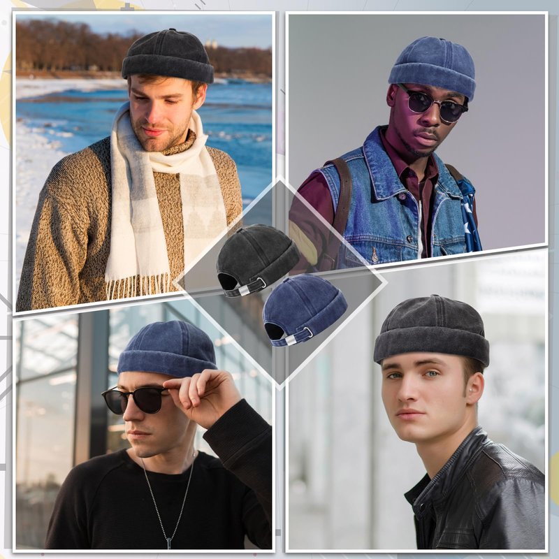 SATINIOR 2 Pieces Brimless Hats for Men Adjustable Docker Cap Casual No Brim Hat Rolled Cuff Sailor Skullcap(Black, Blue)