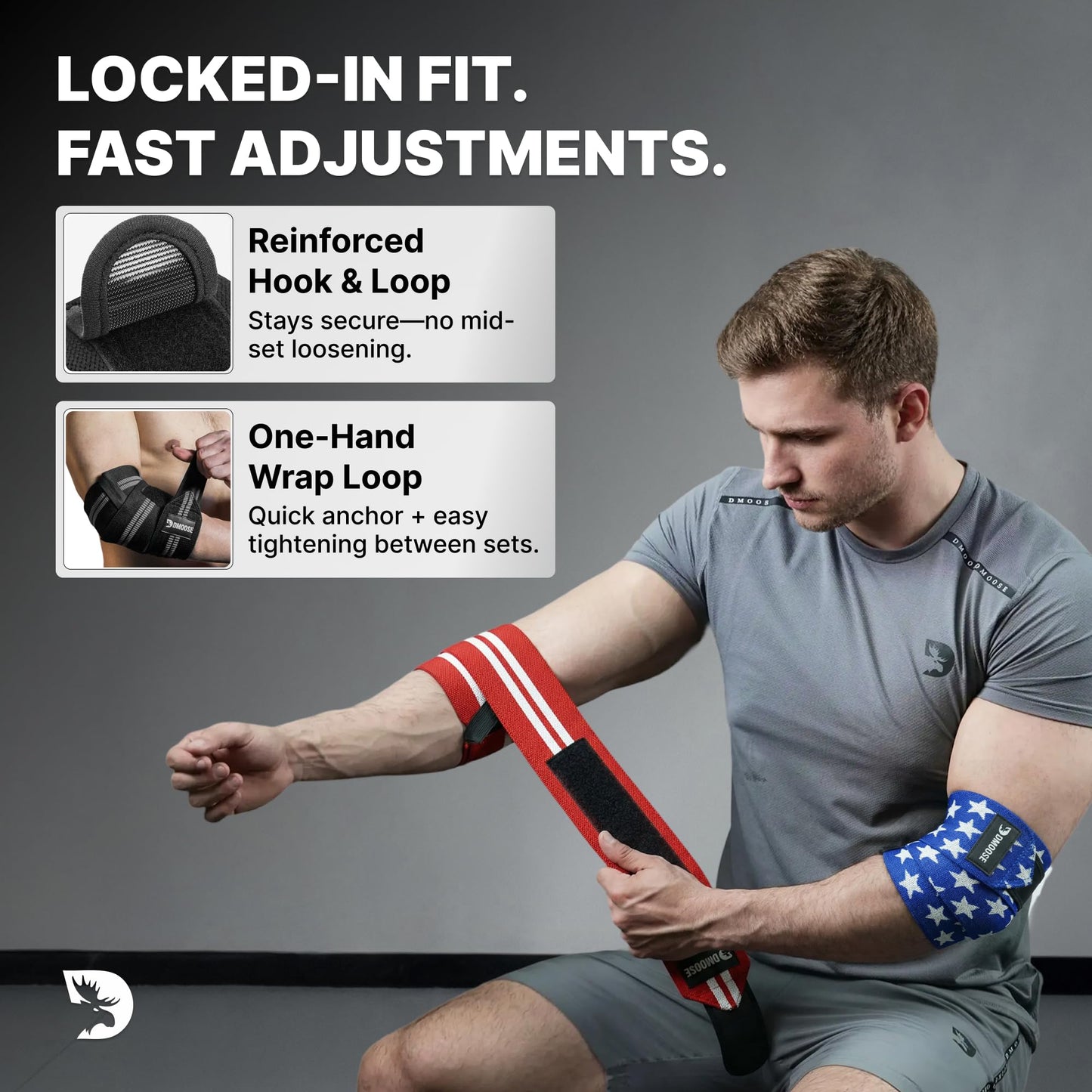 DMoose Fitness Elbow Wraps for Weightlifting (Pair) - 40'' Adjustable Strap for Gym Workout & Bench Press, Compression Elbow Sleeves for Tendonitis, Joint Support, Powerlifting & Deadlifts