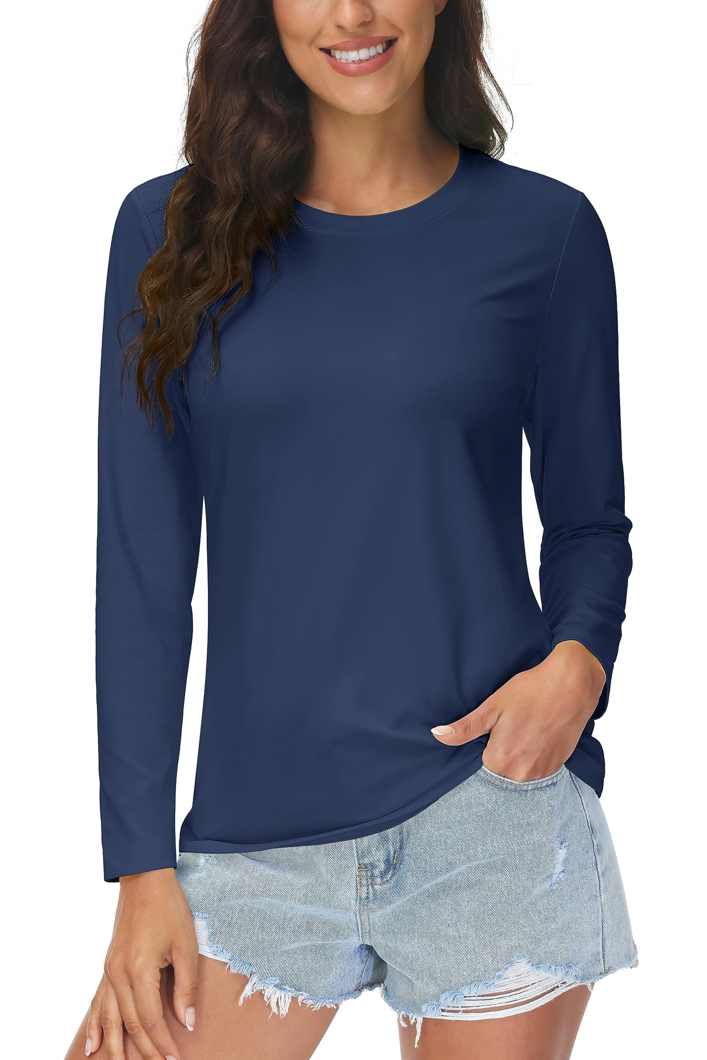 MAGCOMSEN SPF Shirts for Women Long Sleeve Quick Dry Lightweight T-Shirts Athletic Running Hiking Workout Tops Navy Blue M