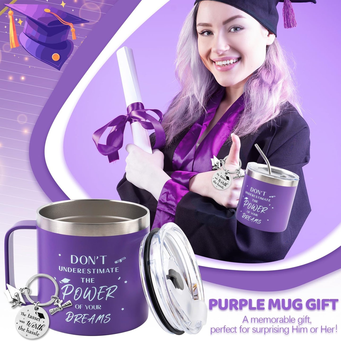 CUPLOOV 2024 Graduation Gifts for Her Him – Purple Graduation Coffee Mug/Tumbler Cup with Lid Straw Keychain and Greeting Cards for Senior College Graduates Classmates Friends