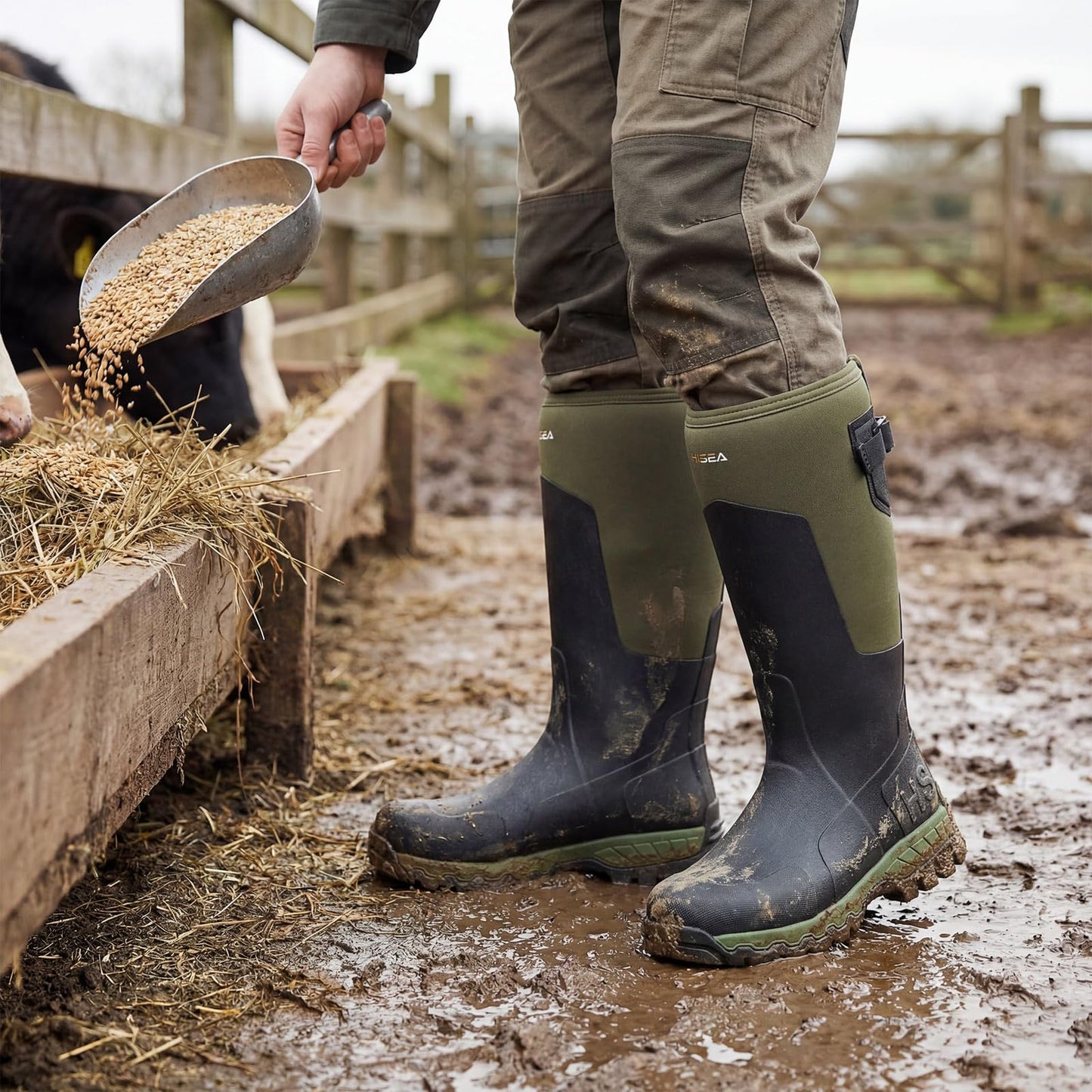 HISEA Men's Tall Boot with Arctic Ice Grip, Waterproof Rubber Rain Boots, Insulated Neoprene Warm Mud Boots for Outdoor Work Hunting