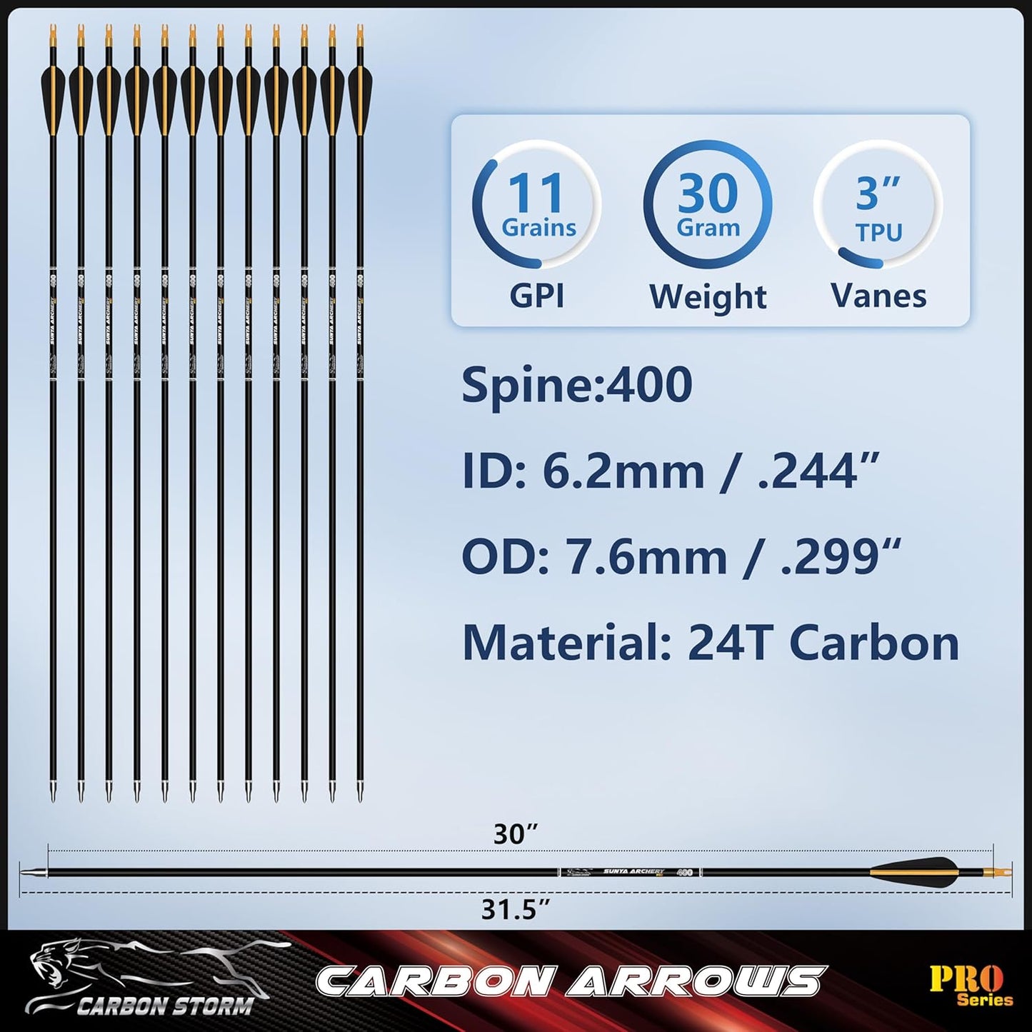 **Carbon Arrows 12-Pack - 30 Inch Spine 500/400 for 40-60 LBS Bows | Anti-Loose O-Ring & TPU Vanes for Hunting/Target Practice**