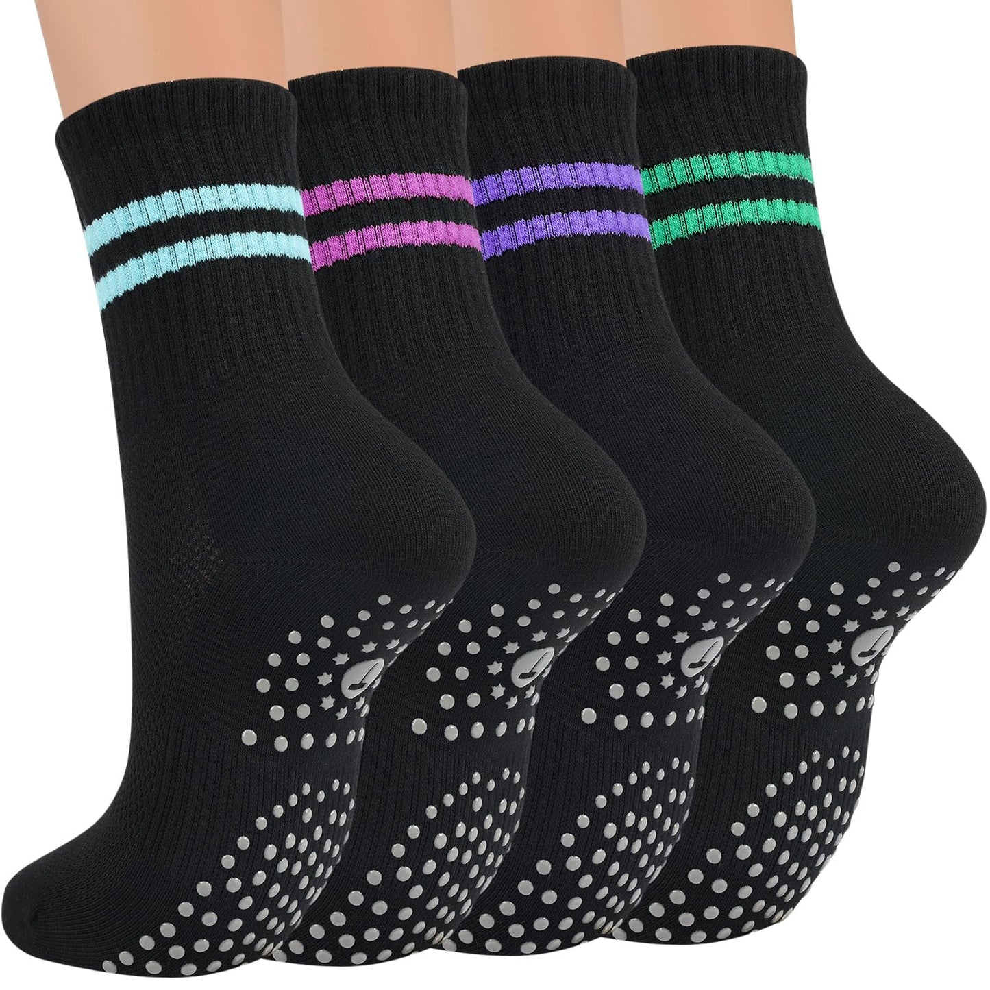 Toes Home Pilates Socks for Women with Grippers, Non Slip Yoga Crew Socks for Barre Hospital Exercise Workout Sticky Athletic Slipper Socks 4 Pairs Black