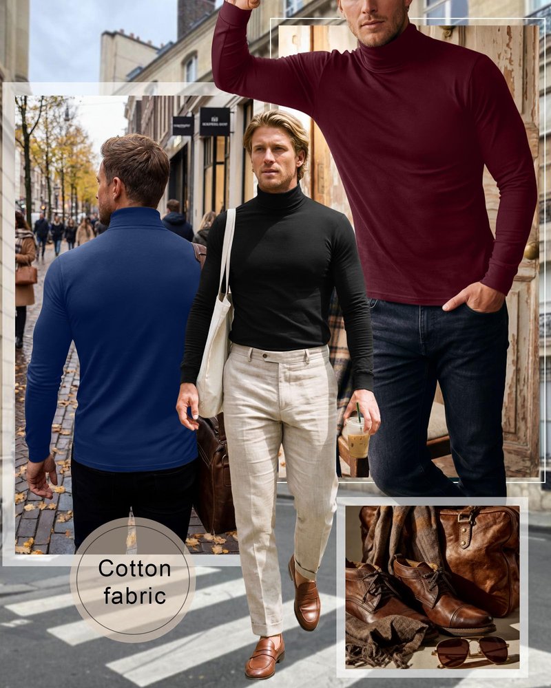 Riyiper 3 Pack Men's Turtleneck Shirts Thermal Basic Knitted Long Sleeve Casual Slim Fit Winter Pullover Tops(Black, Burgundy, Navy Blue,L)