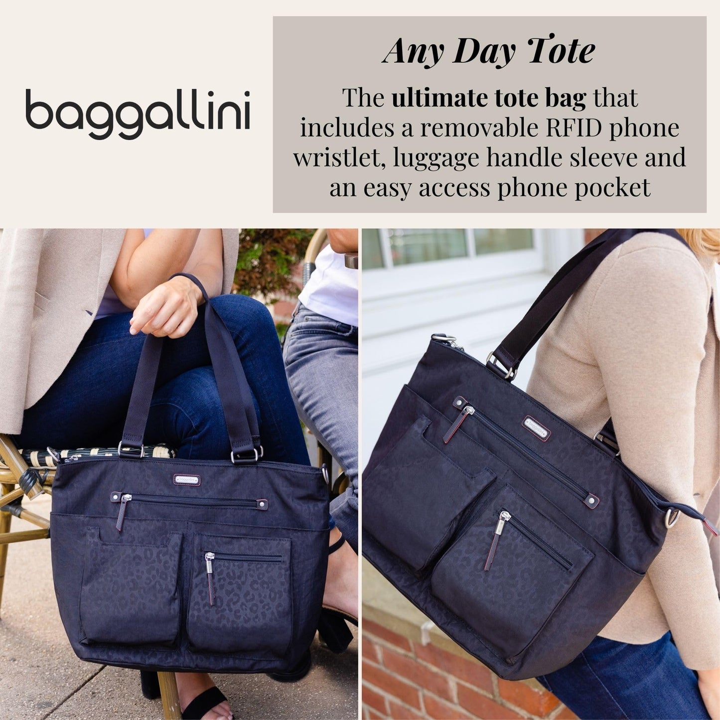 Baggallini Any Day Tote with RFID Phone Wristlet - Adjustable Crossbody Tote Bag for Women - Lightweight Travel Bag