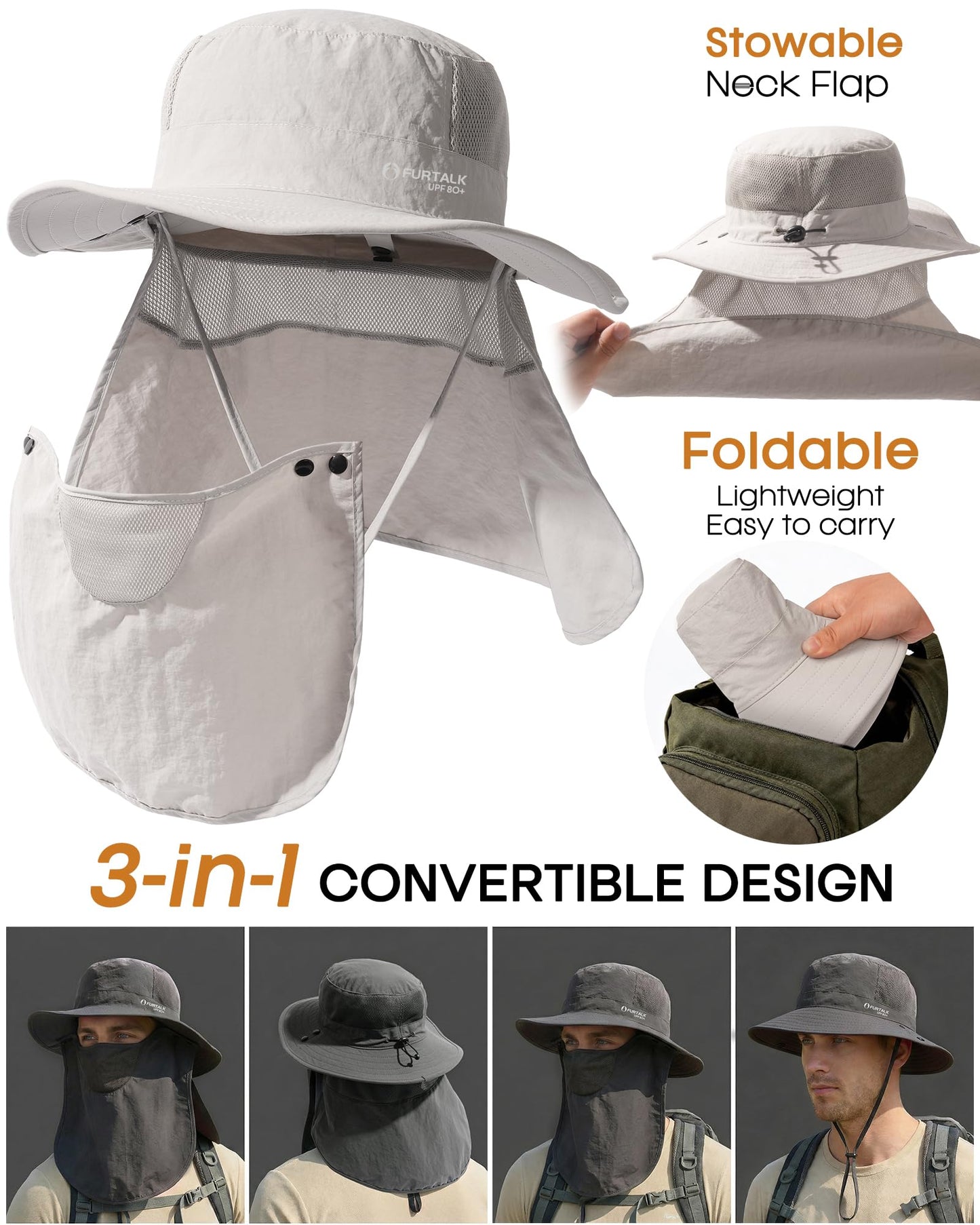 FURTALK Sun Hats for Men Face Cover Neck Flap with Wide Brim Fishing Hats