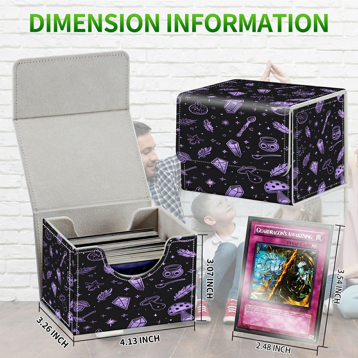 RWUTYTIUL Card Deck Box for MTG Cards, Card Storage Box Fits 100+ Sleeved Cards, PU Leather Large Size Strong Magnet Card Deck Case Holder for Board Game Magic MTG TCG CCG, Purple Mushroom