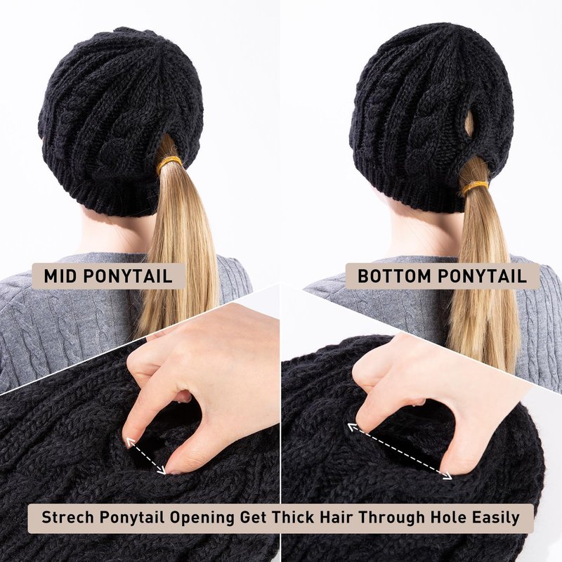 Merino Wool Blend Messy Bun High Ponytail Hole Knit Beanie Hat for Big Large Head Women Warm Winter Cap Fleece Lined Cozy Skull Girls Black
