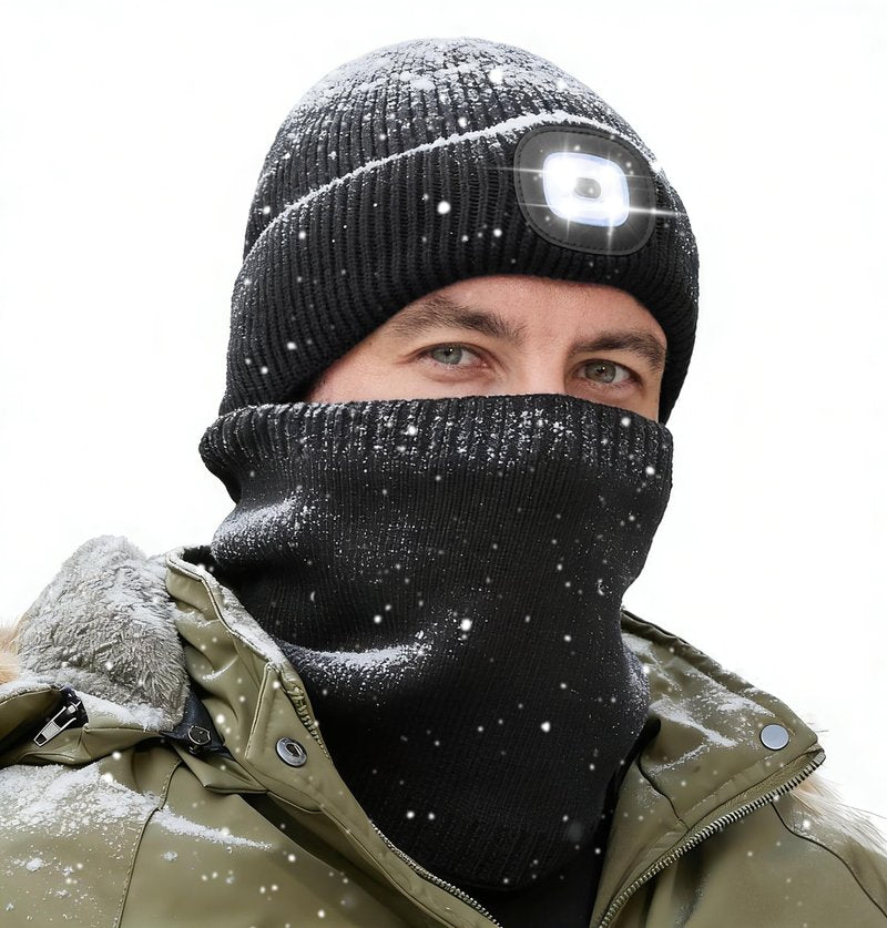 MELASA Winter Fleece Lined Beanie with a Light & Neck Warmer Gift Set for Men – Windproof Winter Hat and Scarf, Soft Thermal Cold Weather Gear with LED Light for Outdoor Work Black