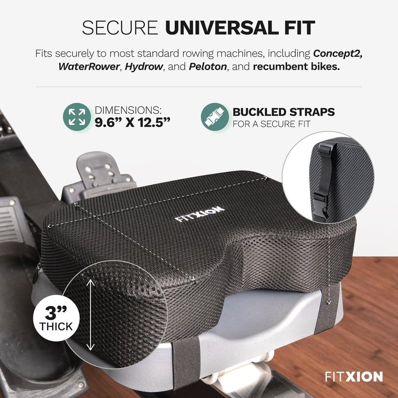 FitXion Rowing Machine Seat Cushion – Ergonomic Tail Bone Comfort Memory Foam Pad for Concept 2, Water Rower, Peloton or Recumbent Bike. Anti-Slip Base, Buckled Straps for Indoor Rowing Workouts