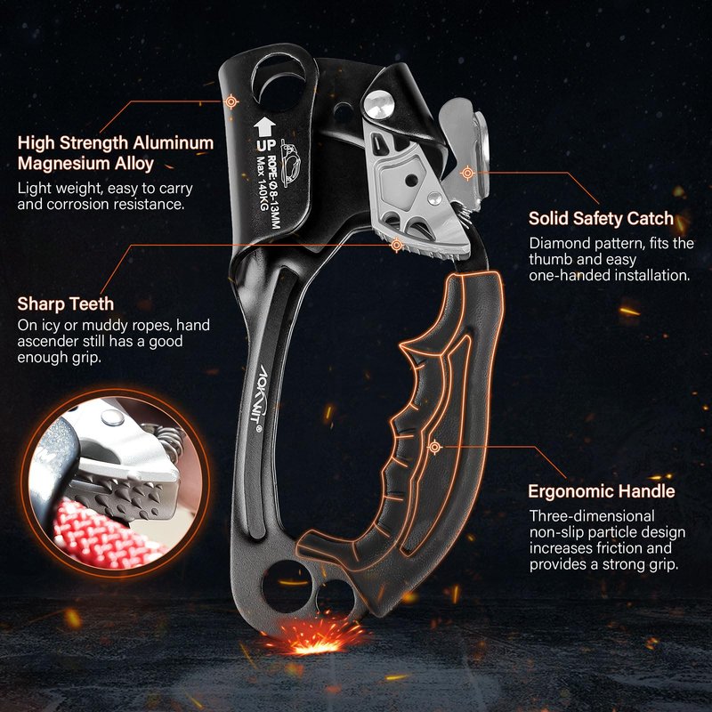 UIAA & CE Certified Rope Ascender Aluminum Alloy Rock Climbing Gear Strong Rigging Rappelling Equipment for Rock Tree Climbing Arborist Rescue Mountaineering Caving (Right Hand Black 1)