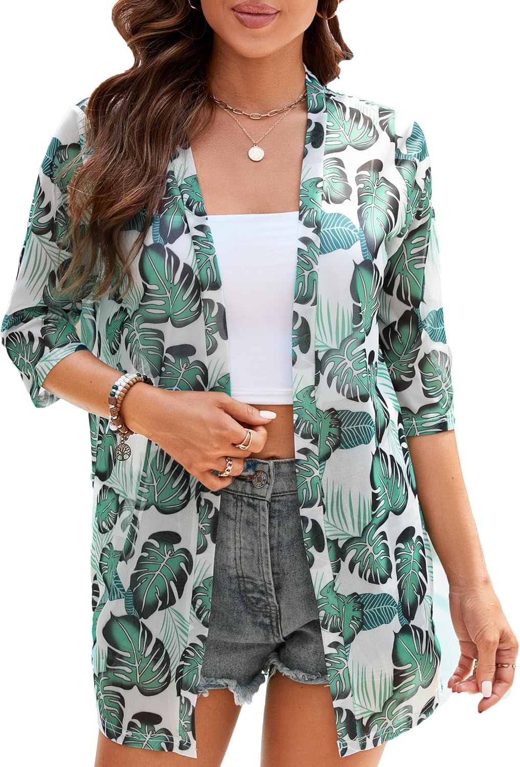 Sheer Open Front Cardigan Sweater Kimono for Women - 3/4 Sleeve, Lightweight & Stylish