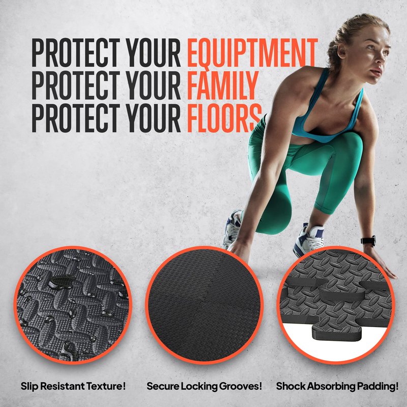 SQUATZ Thick Puzzle Exercise Mat, 25 Pcs EVA Foam Floor Tiles for Home Gym, 24 in x 24 in x ½ in, Covers100 Sq Mat for Home Workout Equipment, Durable Non-skid Texture, 24 in x 24 in x ½ in, 48 Sq Ft - 12 TilesBlack