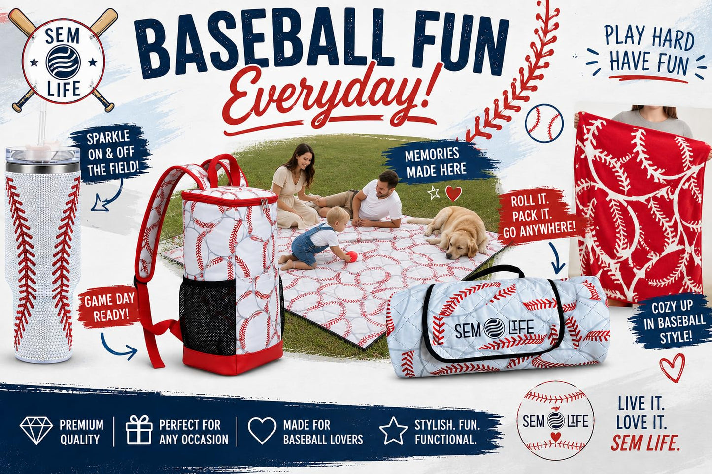 SEM LIFE Baseball Outdoor Stadium Blanket, Picnic Mat, X-Large 80 x 60 Inches, Reversible, Soft Fleece Lined, Baseball Games, Tournaments, Picnics, Gifts