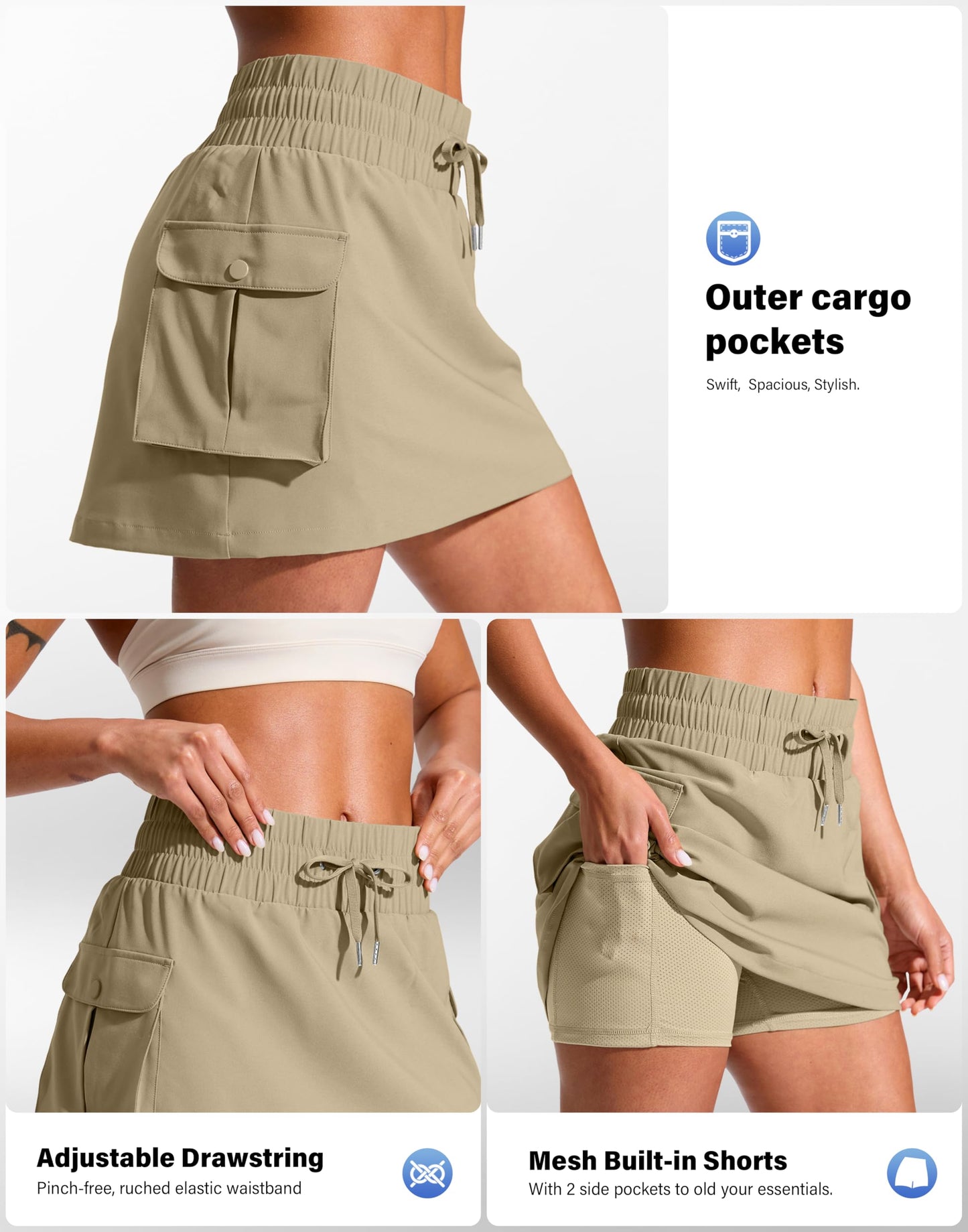 SANTINY 14" Cargo Skorts for Women with 4 Pockets Drawstring High Waisted Golf Hiking Skirt for Casual Summer Travel (Khaki_L)