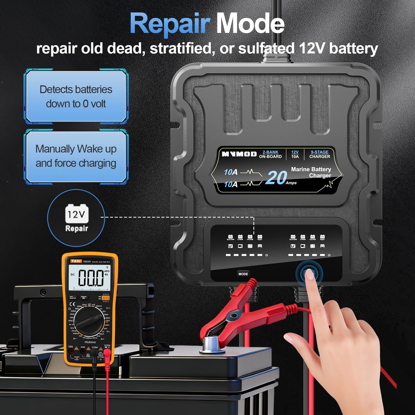 MVMOD 2 Bank Marine Battery Charger, 20A (10A/Bank) 12V IP68 Waterproof Lithium Onboard Battery Charger for SLA/AGM, Lithium(LiFePO4), Calcium Batteries