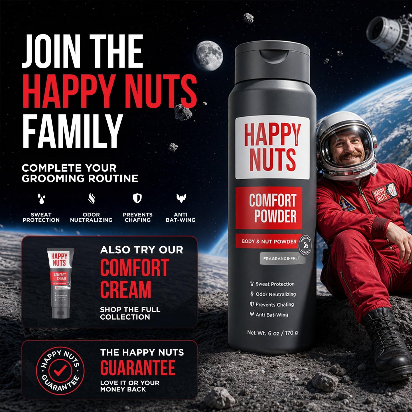 HAPPY NUTS Comfort Powder Deodorant For Men: Anti-Chafing, Sweat and Odor Control for Jock Itch, Aluminum-Free, 6 oz (1 Pack), Fragrance-Free