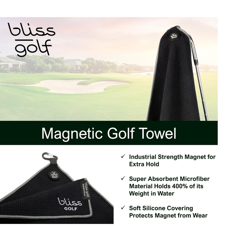 Bliss Golf Magnetic Golf Towel | Premium Microfiber Towel | Industrial Strength Magnet Attaches to Golf Carts and Clubs | Deep Waffle Pockets | Bag Buckle | Stylish and Convenient (Black)