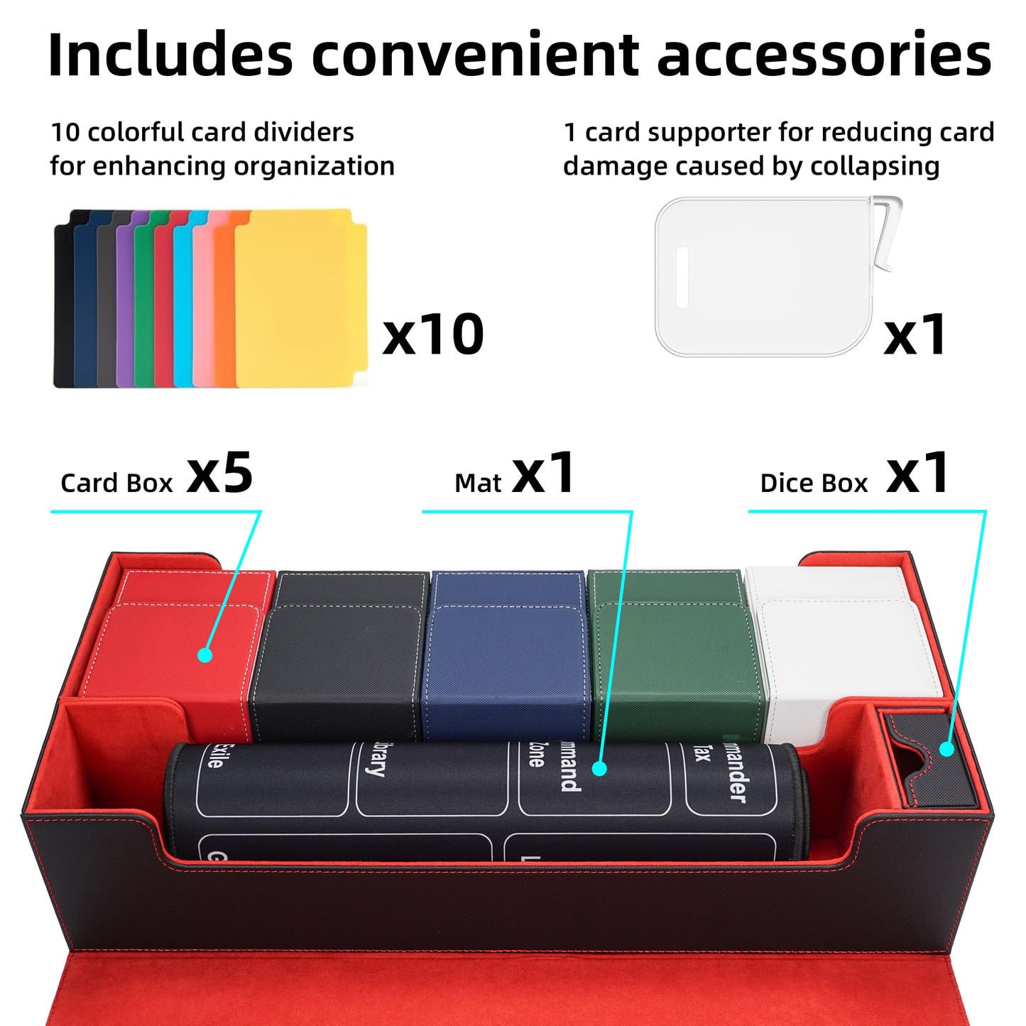 AFIING MTG Deck Box 6 In1 with MTG Playma,Premium Card Storage Box with 5 Pcs MTG Deck Box Holds 2400+ Trading Cards, Large TCG Card Deck Case for Magic Yugioh Sports Cards (Black&Red)