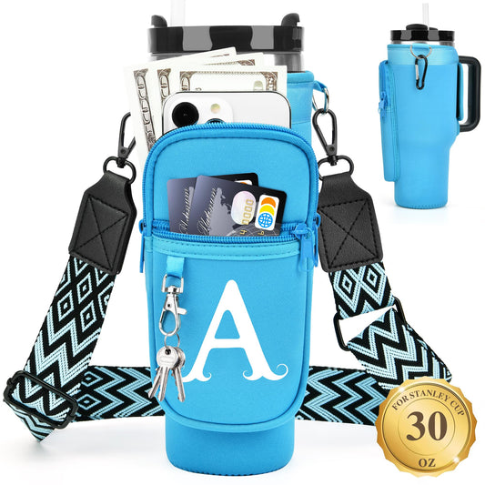 LOKASS Initial Water Bottle Holder with Upgrade Canvas Strap for Stanley 30 oz Tumbler, Gift for Mom Mother's Day Day gifts with Phone Pocket, Personalized Accessories for Stanley Cup, Blue - A