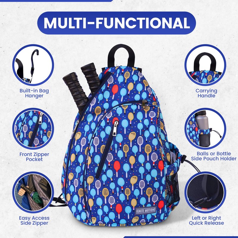 Ignite Motions Pickleball Bag – Sling Backpack with Fence Hook, Reversible Strap & Large Ball Pocket (Fits 2–4 Paddles) (Paddles)